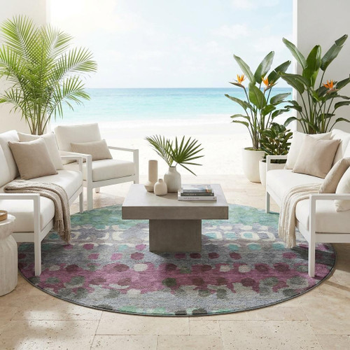 8' Teal Blue And Gray Round Geometric Washable Indoor Outdoor Area Rug