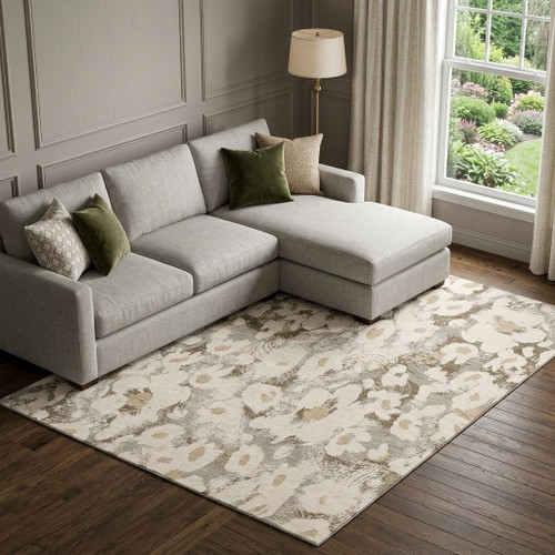 8' X 10' Khaki Gray And Ivory Floral Washable Area Rug With UV Protection