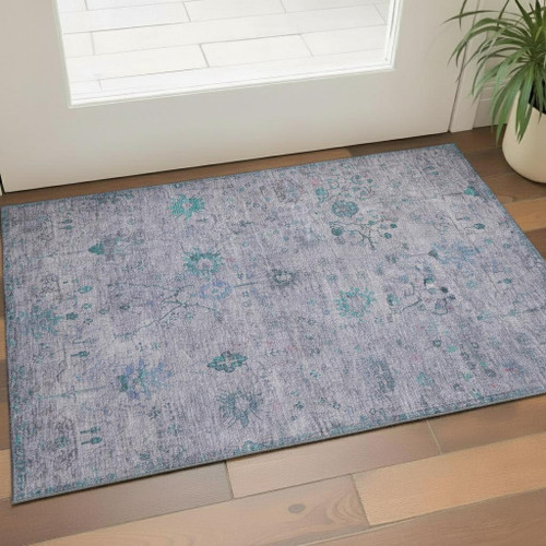 3' X 5' Lavender And Teal Oriental Washable Area Rug With UV Protection