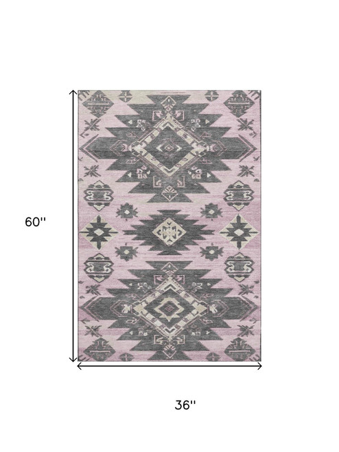 3' X 5' Pink Charcoal And Gray Tribal Washable Area Rug With UV Protection