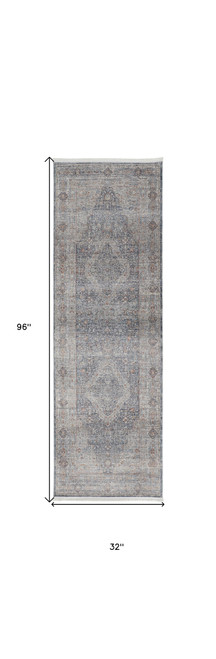 8' Gray Blue and Red Oriental Power Loom Worn Faded Runner Rug With Fringe