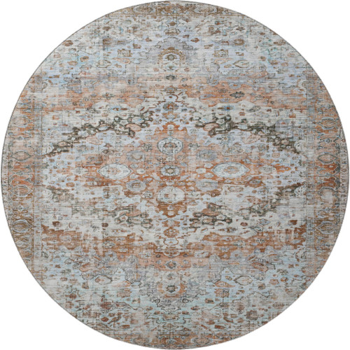 8' Rust And Beige Oriental Washable Round Rug With UV Protection