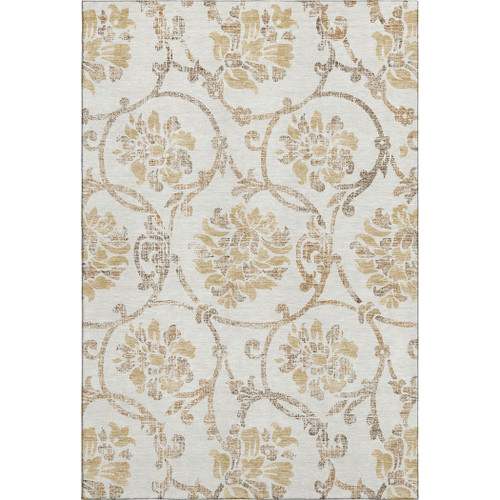 8' X 10' Ivory Beige And Gold Floral Washable Area Rug With UV Protection