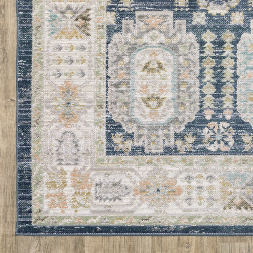 7' X 10' Navy Blue And Ivory Oriental Area Rug