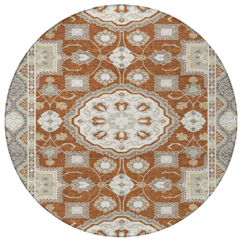8' Orange And Ivory Round Floral Medallion Washable Indoor Outdoor Area Rug