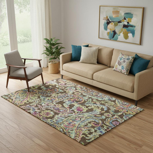 5' X 8' Chocolate Blue And Pink Paisley Washable Area Rug With UV Protection