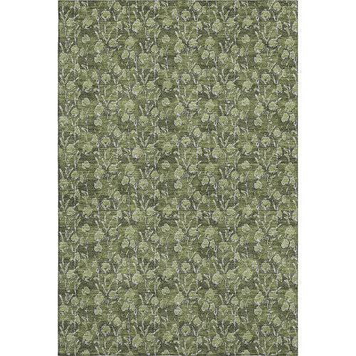 10' X 14' Olive Green And Ivory Floral Washable Area Rug With UV Protection