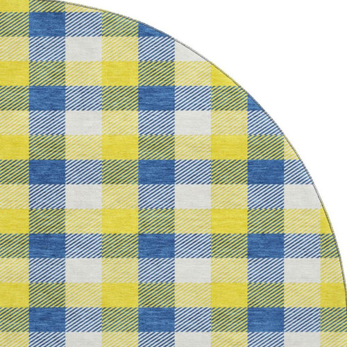 8' Yellow Navy Blue And Ivory Plaid Washable Round Rug With UV Protection