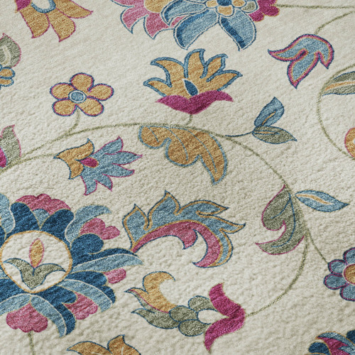 9' X 12' Linen Pink And Blue Floral Washable Area Rug With UV Protection