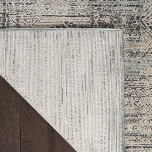 10' Ivory And Blue Geometric Distressed Runner Rug With Fringe