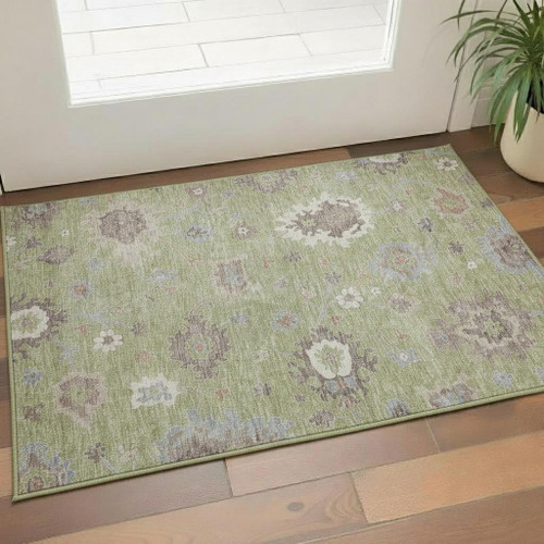 3' X 5' Artichoke Green Beige And Taupe Floral Medallion Washable Area Rug With UV Protection