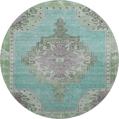 8' Teal Green And Lavender Oriental Washable Round Rug With UV Protection