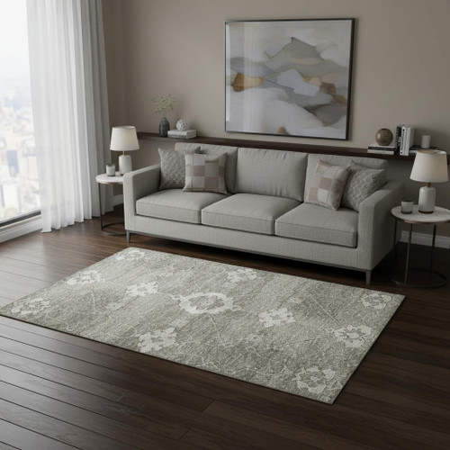 5' X 8' Olive Green And Ivory Floral Medallion Washable Area Rug With UV Protection
