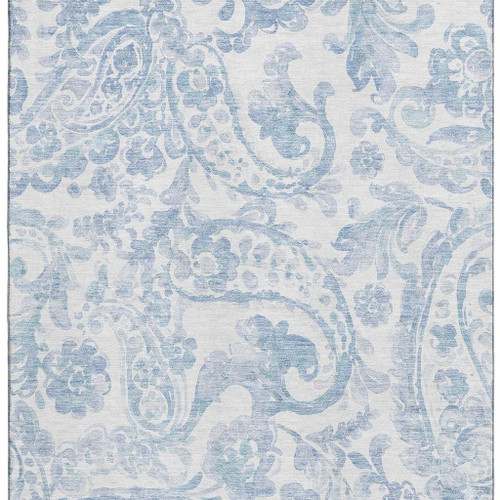 5' X 8' Sky Blue And Ivory Paisley Washable Area Rug With UV Protection