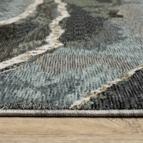 8' X 11' Blue Black And Beige Abstract Area Rug With Fringe