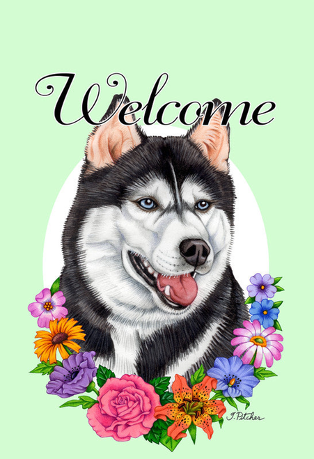 Siberian Husky Black/White- Best of Breed Welcome Flowers Garden Flag 