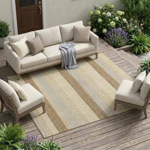 8' X 10' Gold And Ivory Striped Washable Indoor Outdoor Area Rug