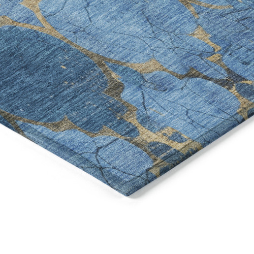 8' X 10' Blue And Gold Damask Washable Indoor Outdoor Area Rug