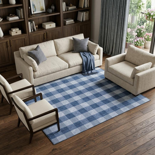 10' X 14' Navy Blue And Ivory Plaid Washable Area Rug With UV Protection