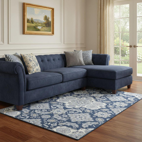 8' X 10' Blue And Ivory Floral Medallion Washable Area Rug With UV Protection