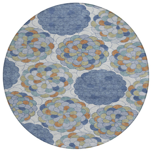 8' Denim Blue And Silver Round Floral Washable Indoor Outdoor Area Rug