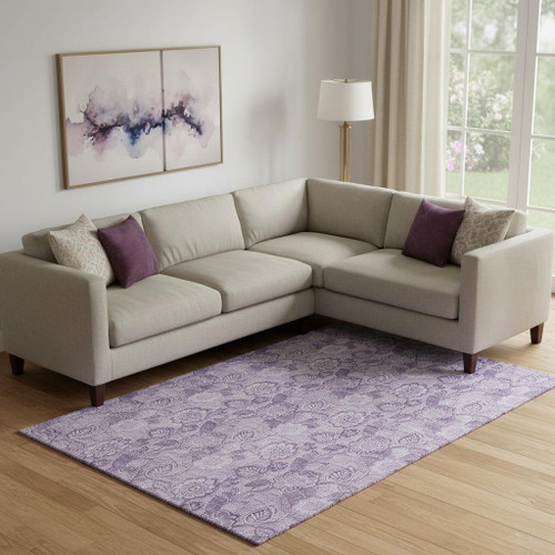 9' X 12' Plum And Purple Floral Washable Area Rug With UV Protection