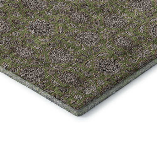 8' Olive Green And Beige Floral Washable Round Rug With UV Protection