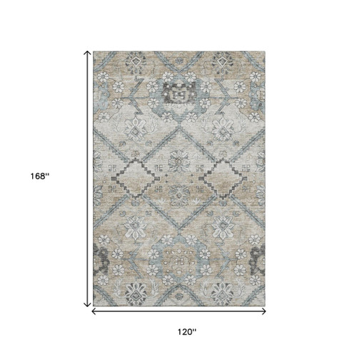 10' X 14' Beige And Gray Floral Washable Area Rug With UV Protection
