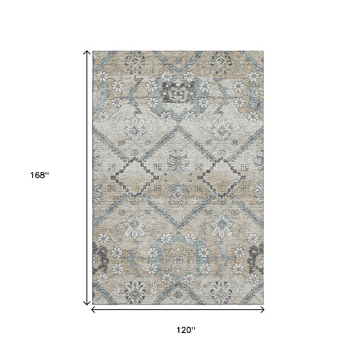 10' X 14' Beige And Gray Floral Washable Area Rug With UV Protection