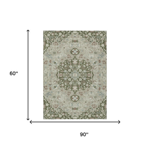 5' X 8' Olive Green And Sage Floral Medallion Washable Indoor Outdoor Area Rug