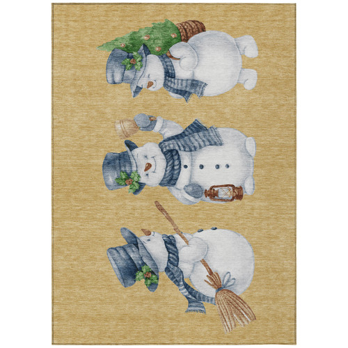 9' X 12' Gold Denim Blue And Ivory Snowmen Washable Indoor Outdoor Area Rug