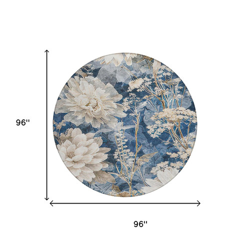 8' Navy Blue And Blue Round Floral Washable Indoor Outdoor Area Rug