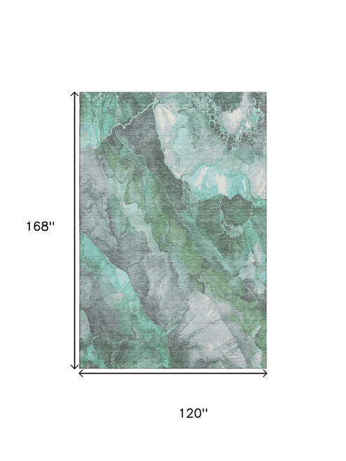 10' X 14' Teal Gray And Ivory Floral Washable Area Rug With UV Protection