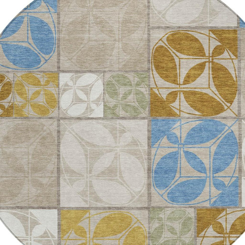 8' Beige And Brown Round Geometric Washable Indoor Outdoor Area Rug