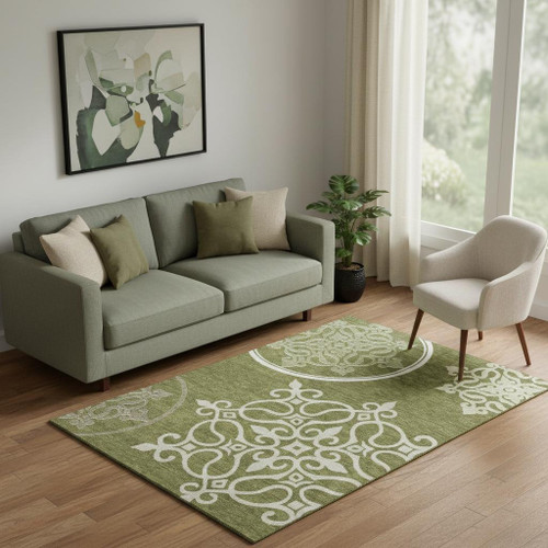 5' X 8' Olive Green Ivory And Beige Floral Medallion Washable Area Rug With UV Protection