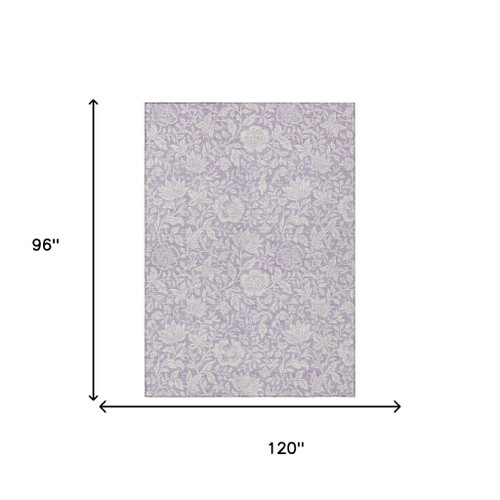 8' X 10' Lavender And Ivory Floral Washable Indoor Outdoor Area Rug