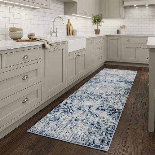 8' Ivory Blue And Dark Blue Oriental Area Rug