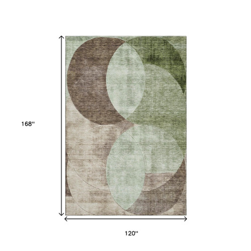 10' X 14' Artichoke Green Brown And Beige Geometric Washable Area Rug With UV Protection