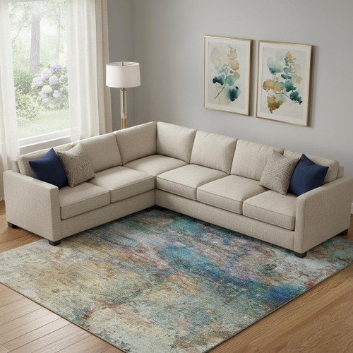 9' X 12' Teal And Beige Abstract Washable Area Rug With UV Protection