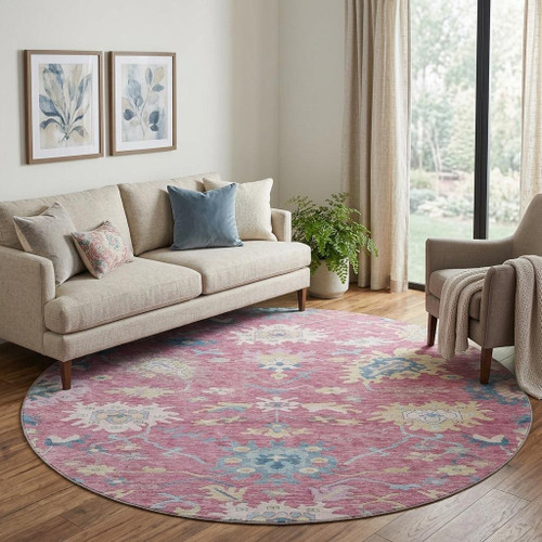 8' Pink Blue And Beige Floral Washable Round Rug With UV Protection