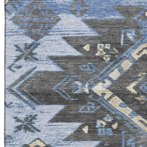 9' X 12' Blue Charcoal And Gray Tribal Washable Area Rug With UV Protection