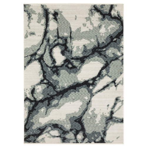 7' X 10' Blue Black And Ivory Abstract Area Rug With Fringe