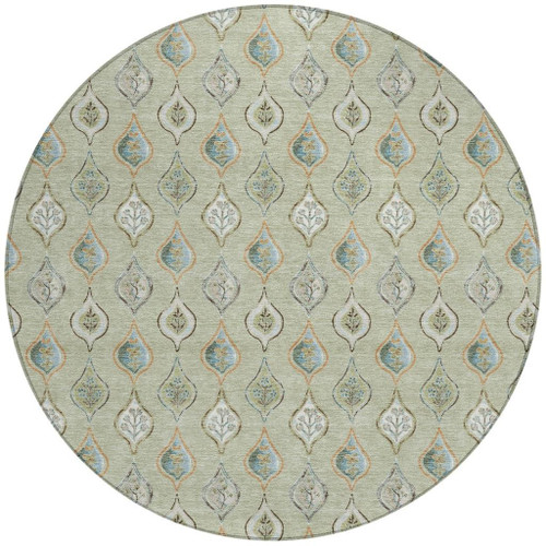 8' Green And Khaki Round Floral Washable Indoor Outdoor Area Rug