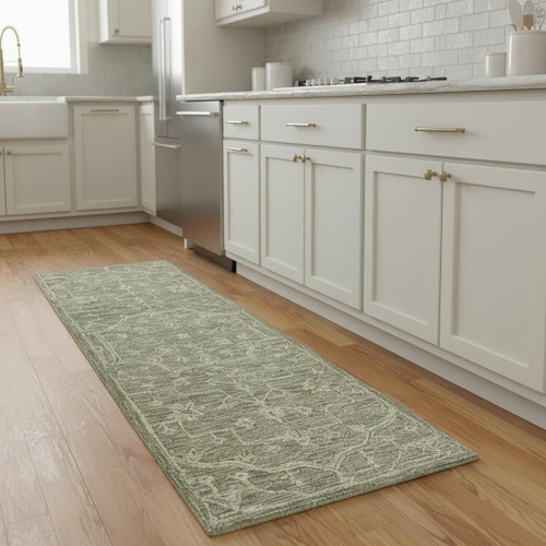 8' Green And Ivory Wool Floral Hand Tufted Runner Rug