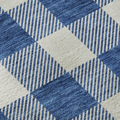 8' Navy Blue And Ivory Plaid Washable Round Rug With UV Protection