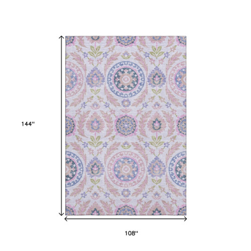 9' X 12' Blush Purple And Green Floral Washable Area Rug With UV Protection