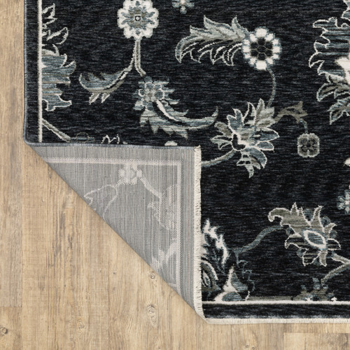 5' X 8' Blue Black And Ivory Floral Area Rug With Fringe