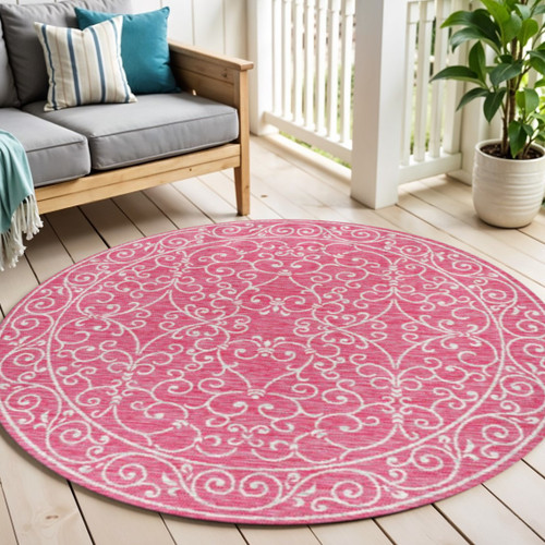 5' Fuchsia And Light Gray Round Medallion Indoor Outdoor Area Rug