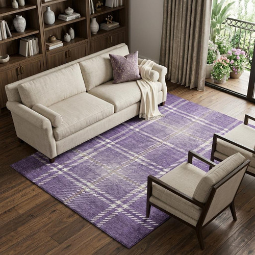 8' X 10' Purple Ivory And Gold Plaid Washable Area Rug With UV Protection