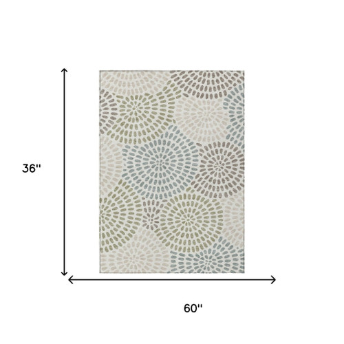 3' X 5' Ivory And Sage Geometric Washable Indoor Outdoor Area Rug